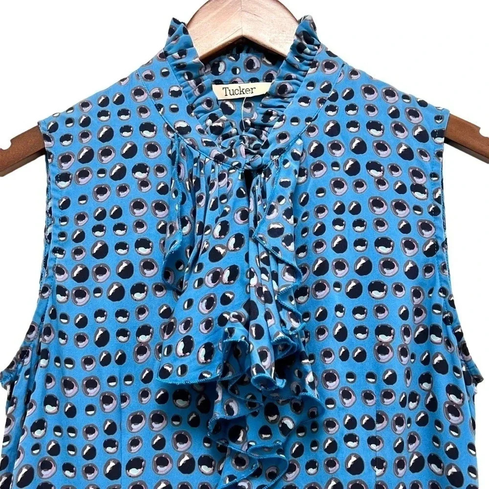 Tucker Sleeveless Ruffle Neck Silk Blouse Keyhole Casual Chic Blue Womens Size S